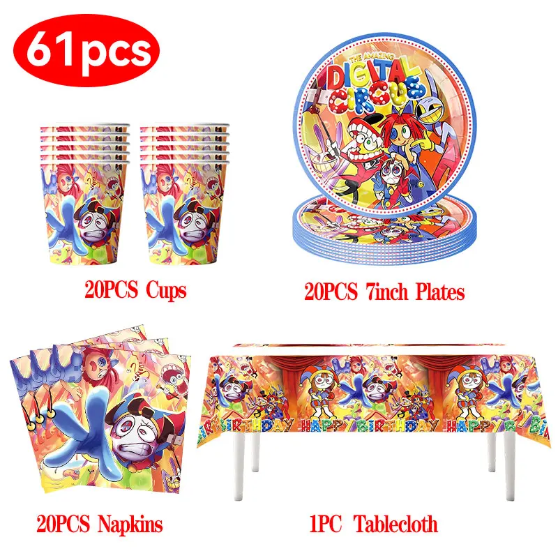 Het geweldige digitale circus Verjaardagsdecoratie Servies Beker Borden Servet Ballonset Banner Achtergrond Cadeauzakjes Feestartikelen