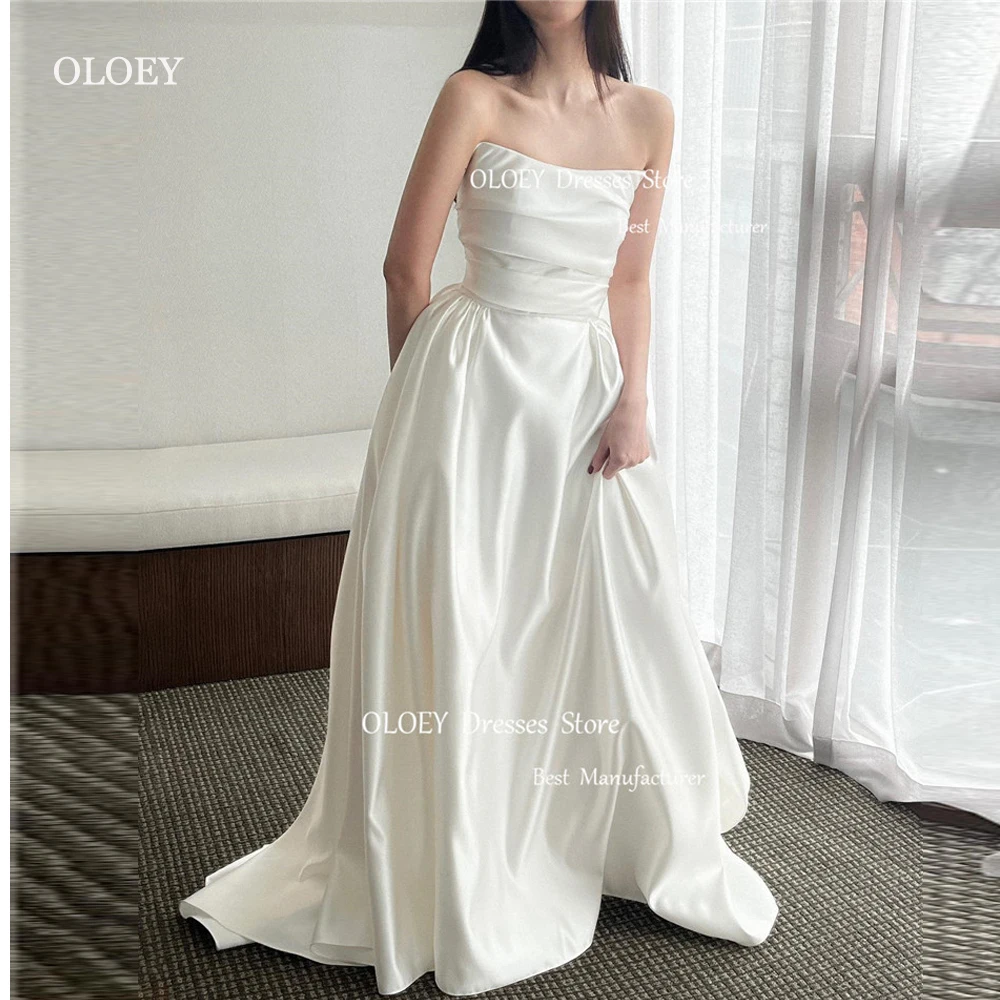 

OLOEY Simple A Line Soft Satin Korea Wedding Dresses Photo shoot Strapless Pleats Floor Length Bridal Gowns Corset Back