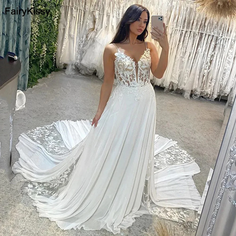 FairyKissy Boho Wedding Dresses Chiffon Spaghetti Strap Bride Dress Elegant A Line Appliqued Lace Bride Wedding Gowns 2025