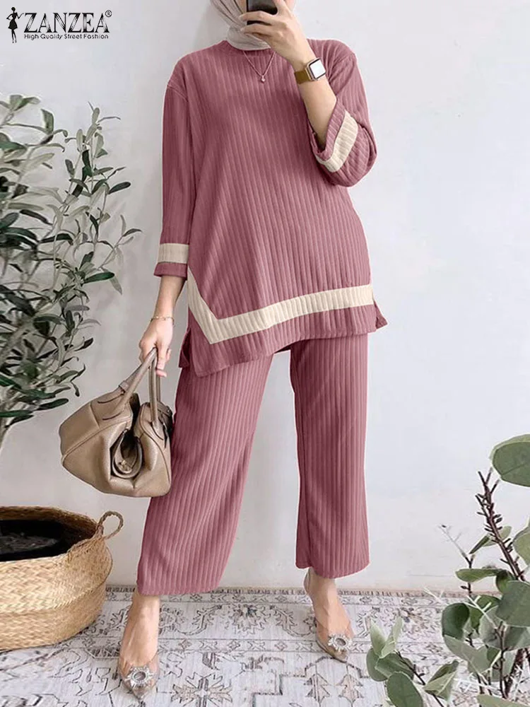 

2024 ZANZEA Women Outifits Vintage Muslim Sets 2PCS Summer Patchwork Blouse Trousers Suits Eid Mubarek Ramadan Islamic Clothing