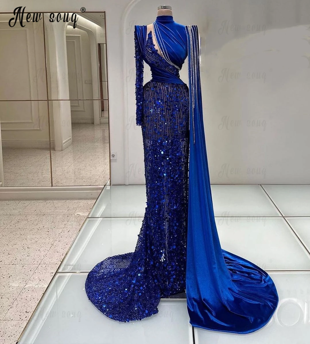 Long Sleeve Royal Blue Elegant Cape Sleeve Prom Dresses Muslim Formal Occasion Dresses Women Sequins Vestidos De Fiesta 2024