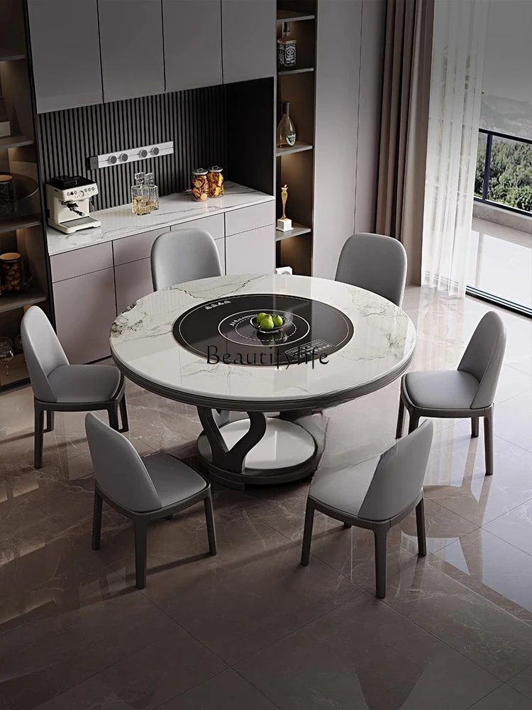 

Electric turntable solid wood dining table and chairs multi-functional dining room round table