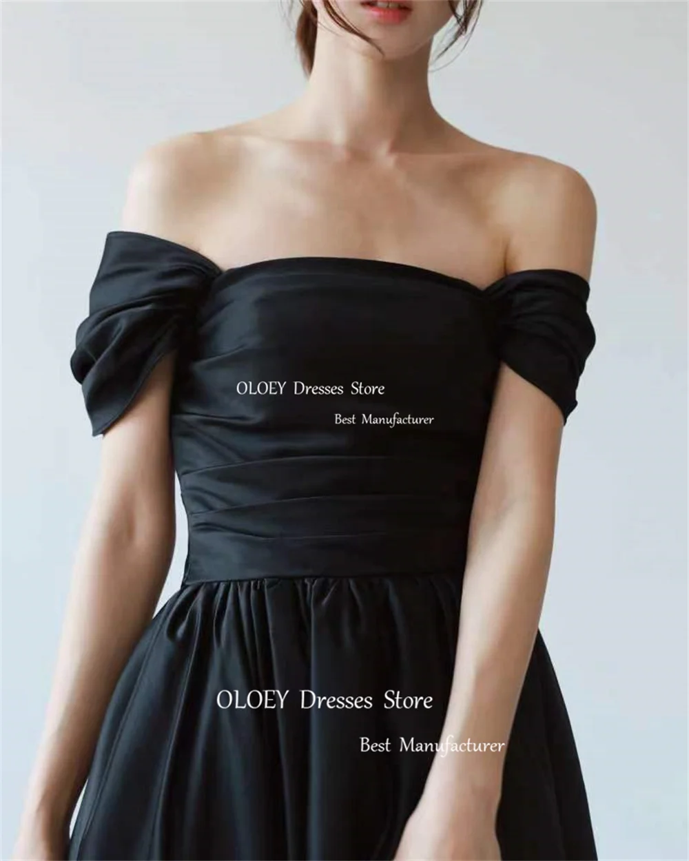 OLOEY Simple Black Off Shoulder A Line Wedding Dress Korea Photoshoot Pleats Satin Floor Length Bridal Gown Custom Prom Gown