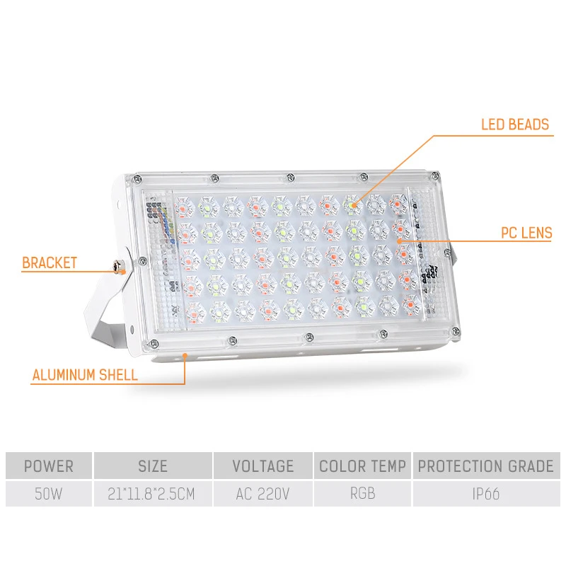 50W 220V LED Floodlight RGB Remote Control IP66 Waterproof Outdoor LED Spotlight Landscape Lighting Wall Lamp Reflector