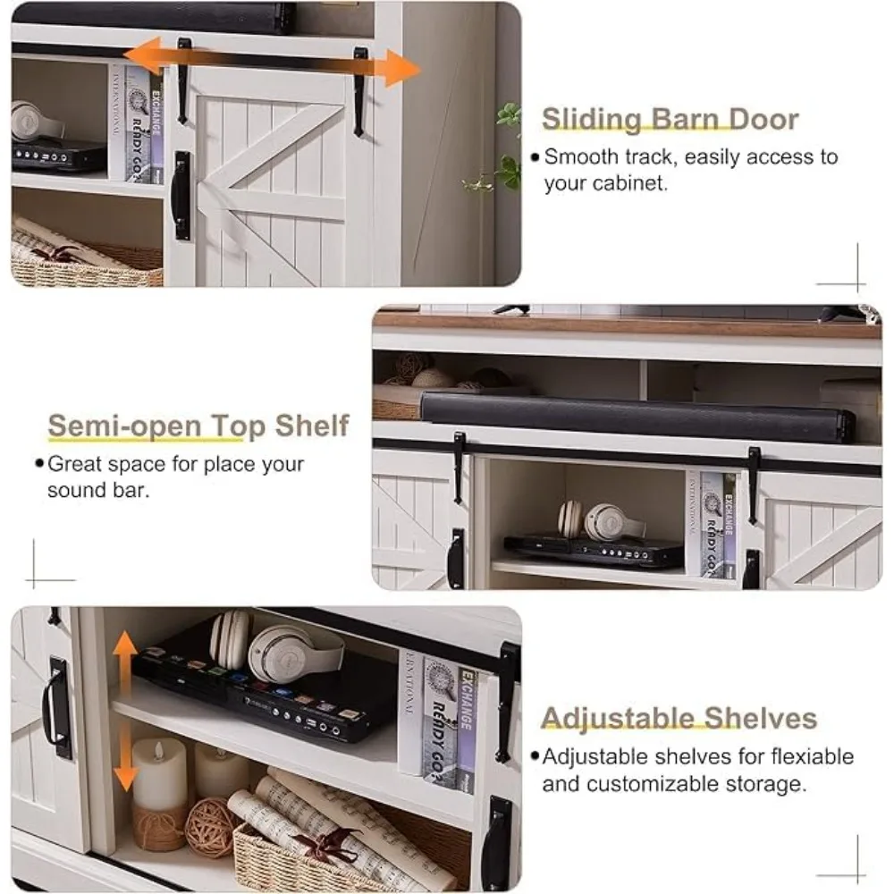 Centro de entretenimiento rústico para televisores de más de 65 pulgadas, soporte de TV alto con puerta corrediza de granero, soporte de televisión de madera para pantallas grandes