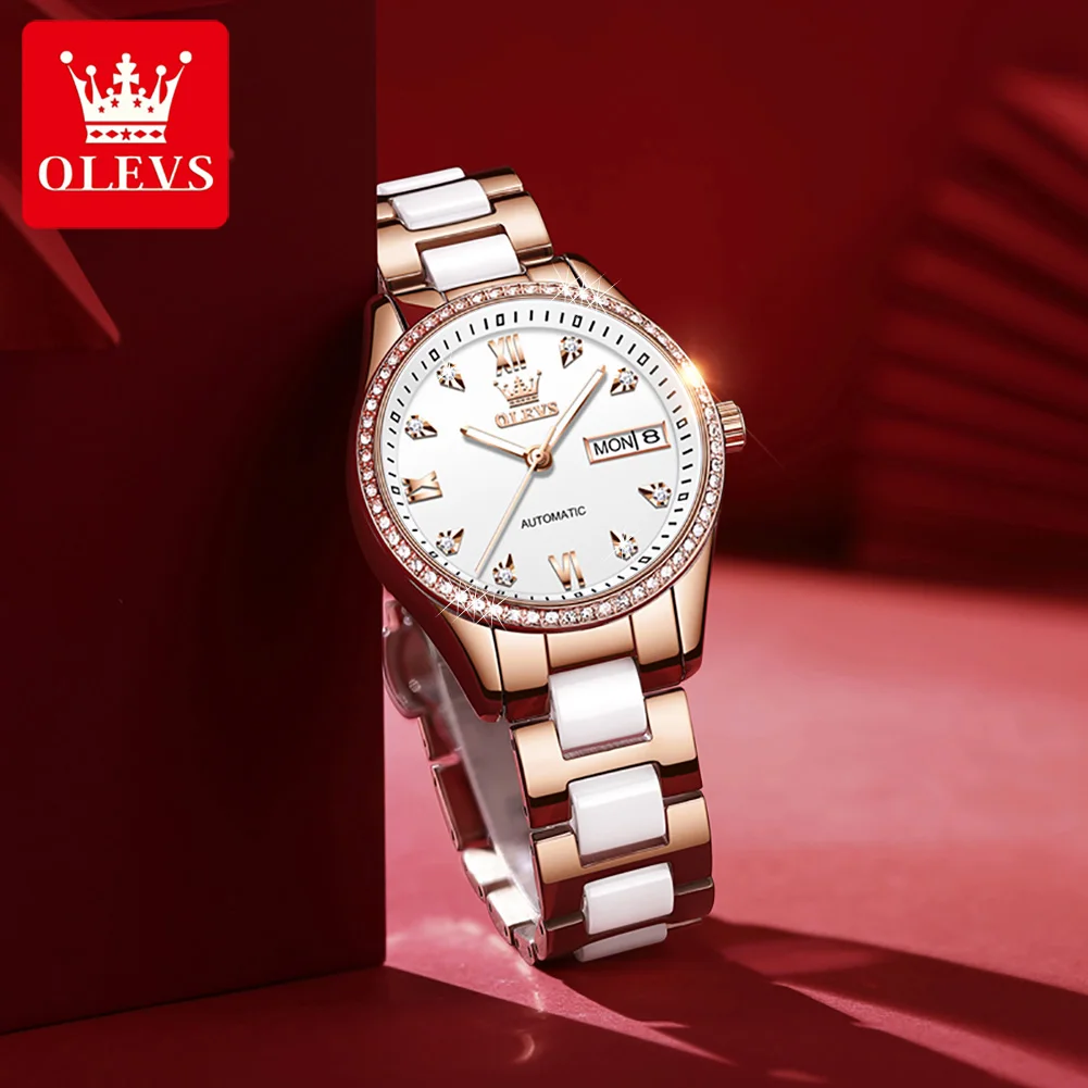 OLEVS Automatic Mechanical Watch for Women Top Brand Luxury Diamond Dial Elegant Ceramics Watchband Ladies Dress Wristwatch 6637