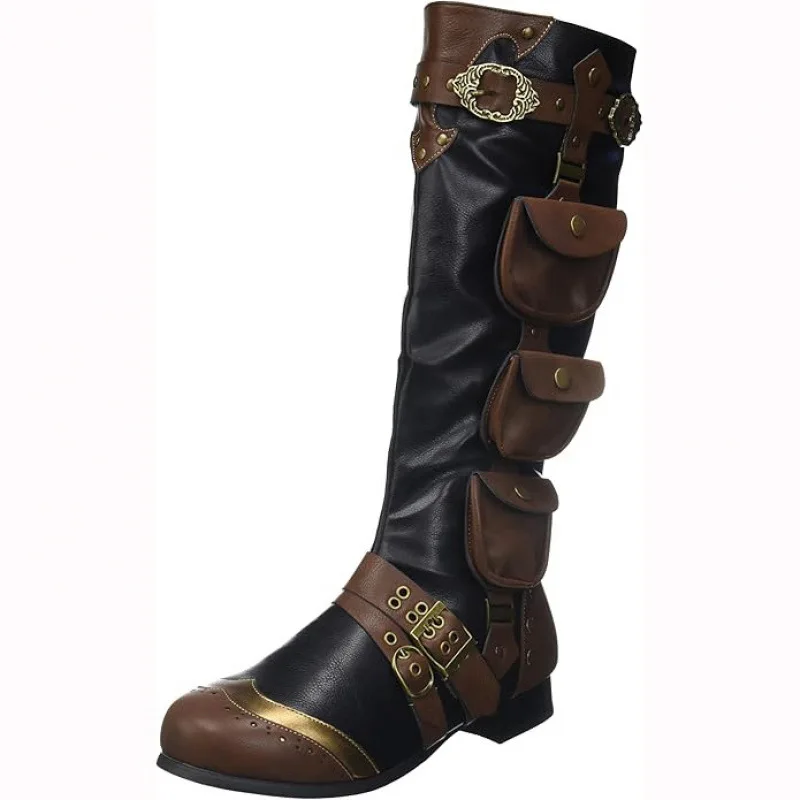 Steampunk Schwarze Leder-Kniehohe Stiefel Vintage Mittelalterliche Taschen Cosplay Piraten-Schuhe Herren Blockabsatz Schnalle Festival-Schuhe – Detail 4