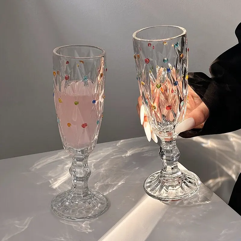 Transparent Crystal Champagne Glass Cups Colored Diamond Relief High Footed Glasses for Cocktails Sparkling Wine Party Barware