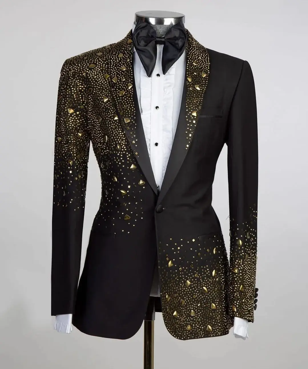 Conjunto de terno de cristais pretos de 2 peças masculino, blazer e calça, jaqueta de escritório formal de luxo, smoking de casamento do noivo, casaco de um botão