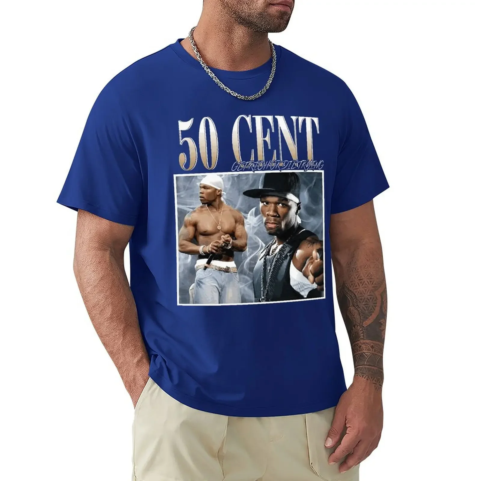 تي شيرت كلاسيكي بأكمام قصيرة 50 في المائة للرجال ، قمم رسومات قطنية ، هاراجوكو