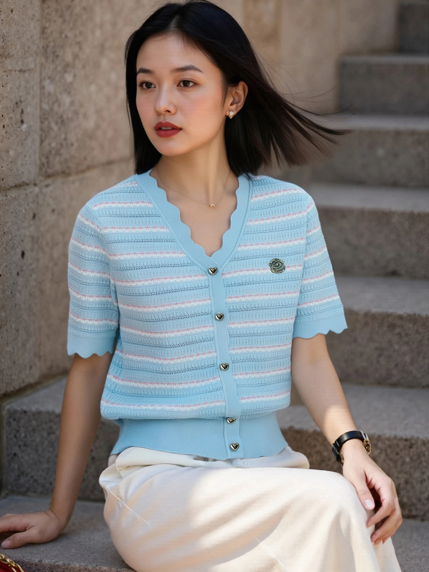 

Chivirin Fre Sle Women's ort Sve Knitted T-irt Striped Design Faionable Anti-Aging Summer New Arrival Top