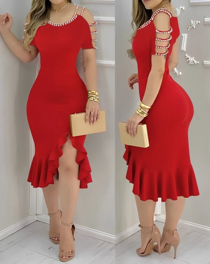 Cold Shoulder Beaded Bodycon Dress Ruffle Hem Slim Fit Evening Party Dress Sexy Elegant Dresses for Women New Fashion 2025Casual