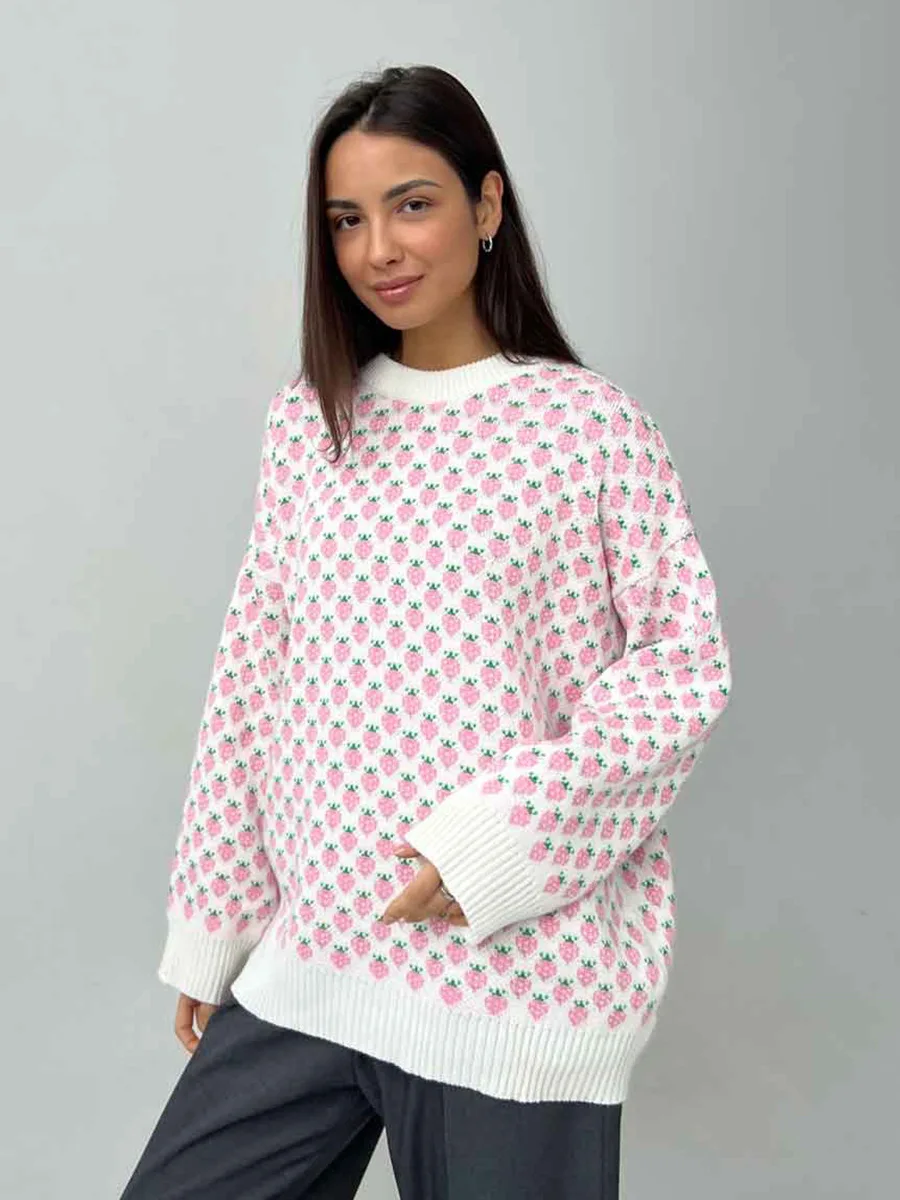 Yaminiya Mode Herfst Dames Aardbei Jacquard Trui Ronde Hals Trui Lange Mouwen Gebreide Trui Losse Gedrukte Trui