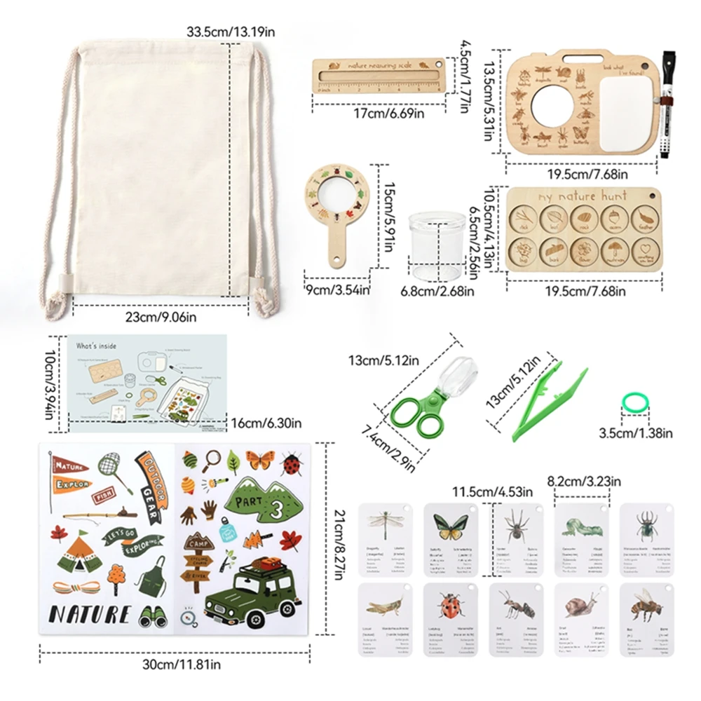Kids Outdoor Exploration Toy Set Magnifying Glass Wooden Recording Board Plant & Insect Biology Cards Educational Toys Baby Gift
