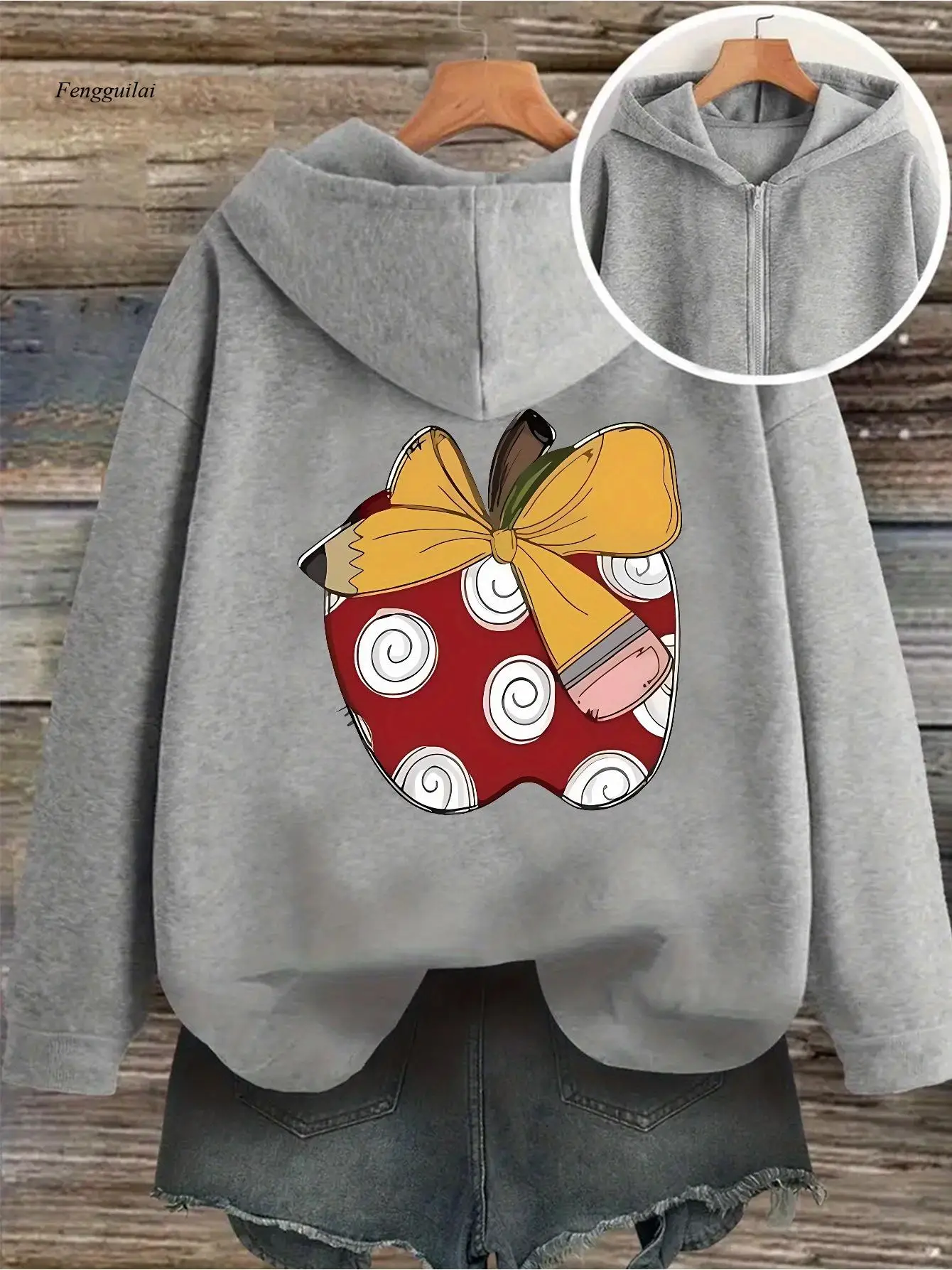 Sudadera con capucha con cremallera - Gris con manzana roja y detalle de lazo amarillo - Cierre de cremallera frontal - Jersey lavable a máquina