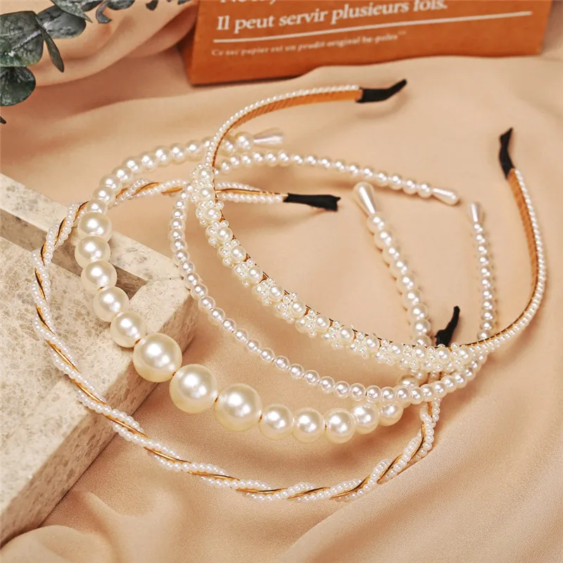 VAGZEB-diademas de perlas completas para mujer, cintas elásticas para el pelo con flores, diadema con bisel, accesorios para el cabello para niña, tocado