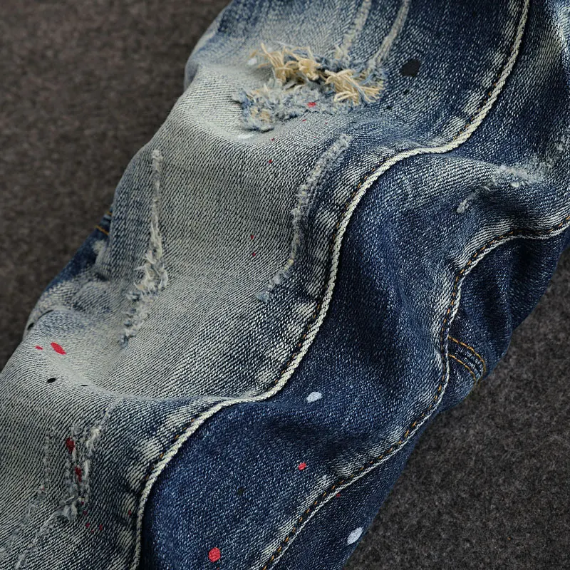 Street Fashion Designer Men Jeans Retro Blue Stretch Slim Fit Spliced Painted Ripped Jeans Men Y2K Hip Hop Vintage Denim Pants
