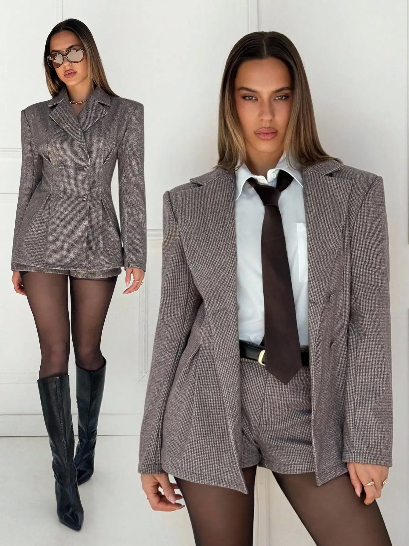 

Серый двубортный блейзер с узором «гусиная лапка» и шорты с завышенной талией в комплекте