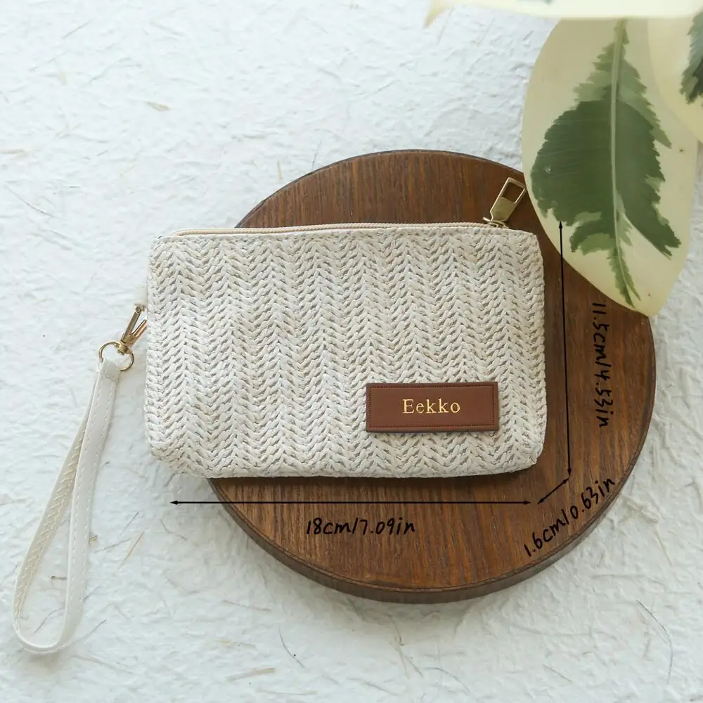 Custom Embossed Name Leather Label Straw Wristlet Clutch Bag Handmade Woven Raffia Cosmetic Makeup Pouch Beach Travel Storage view 3