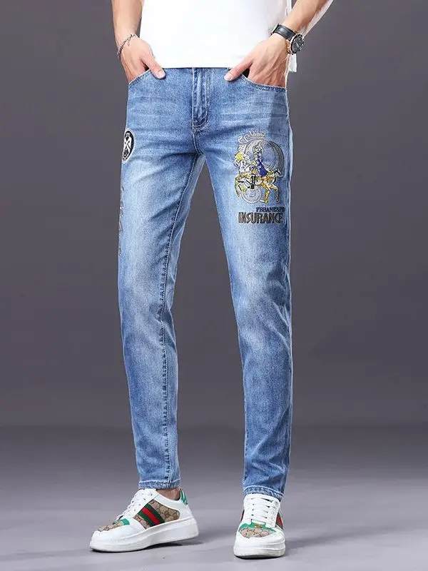 

Высококачественные мужские джинсы с принтом, облегающие, эластичные, модные длинные брюки, новинка весеннего сезона, трендовый бренд, повседневная одежда на все сезоны