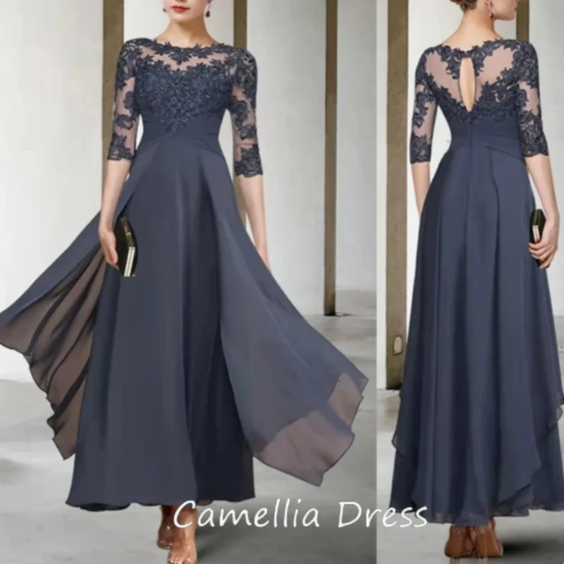 Vestidos de Madre de manga corta con cuello Halter, apliques de encaje nupcial, vestidos hasta la rodilla, vestidos de gasa, vestidos de invitados de fiesta de boda