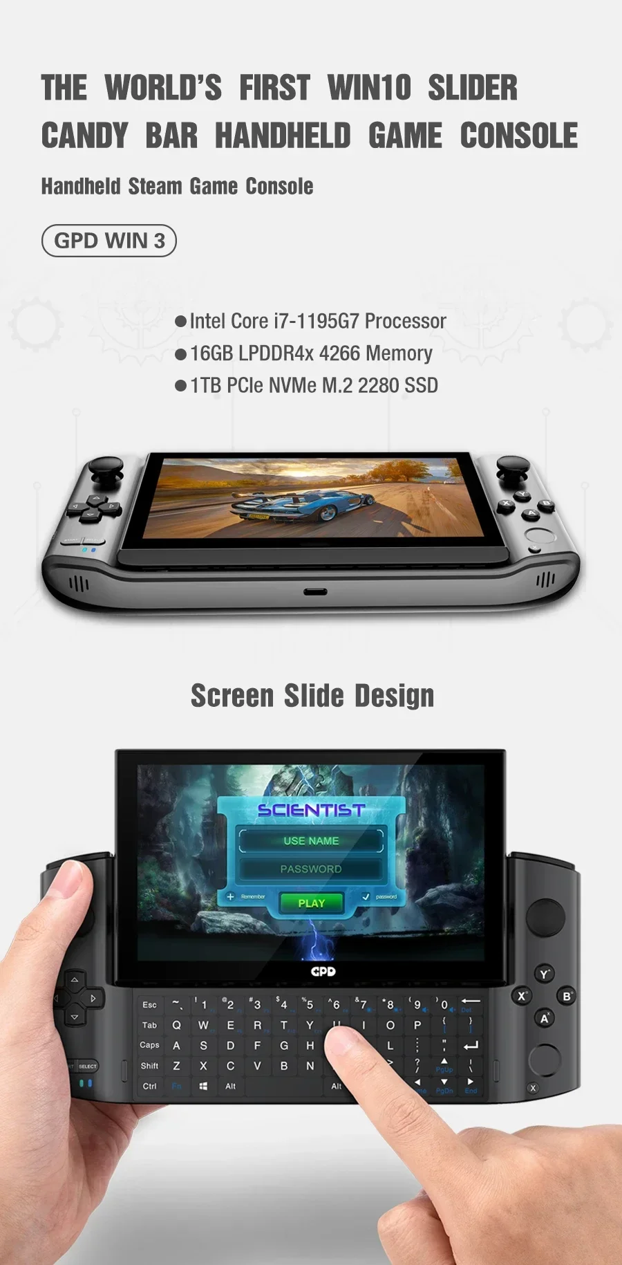 Gaming Laptop Handheld GPD WIN 3 WIN3 Mini Notebook Touch Screen CPU Core i7 RAM 16GB SSD 1TB Backlit Touch Keyboard