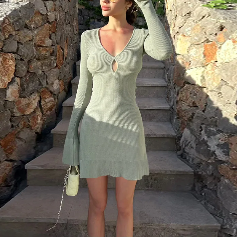 

TARUXY Knitted Ruffle Long Sleeve Dress Women's Sexy Hollow V Neck Elegant Dress High Elasticity Casual Women Dress 2025 Autumn