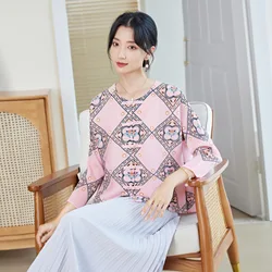 Miyake Pleated New Chinese Style Coat Women's Spring and Autumn Pink Shirt 2024 New Age-reducing Printed Loose Short Top