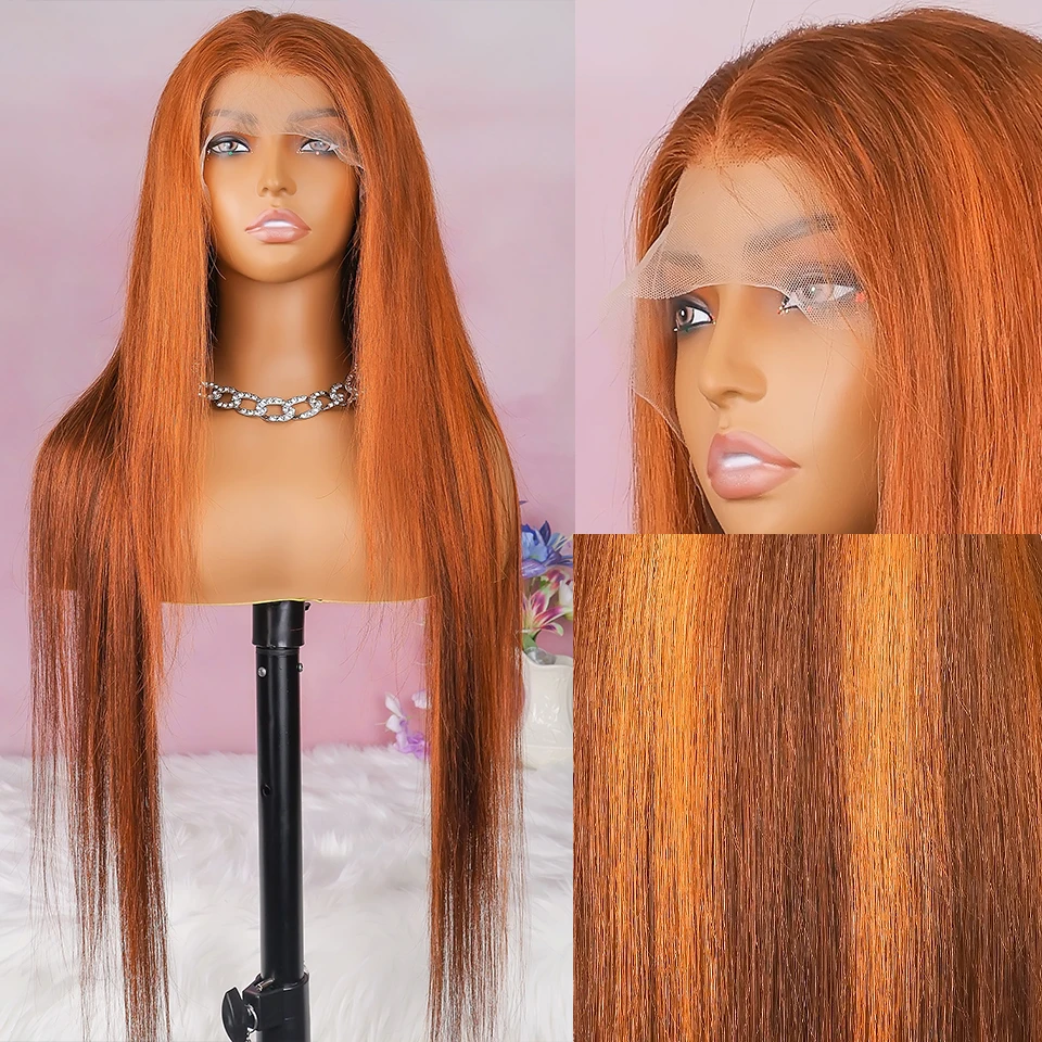 

4/350 Highlight Straight 13x6 HD Lace Frontal Human Hair Wigs Brown Orange Ginger Human Hair Wig 200% Density Pre Plucked Hair