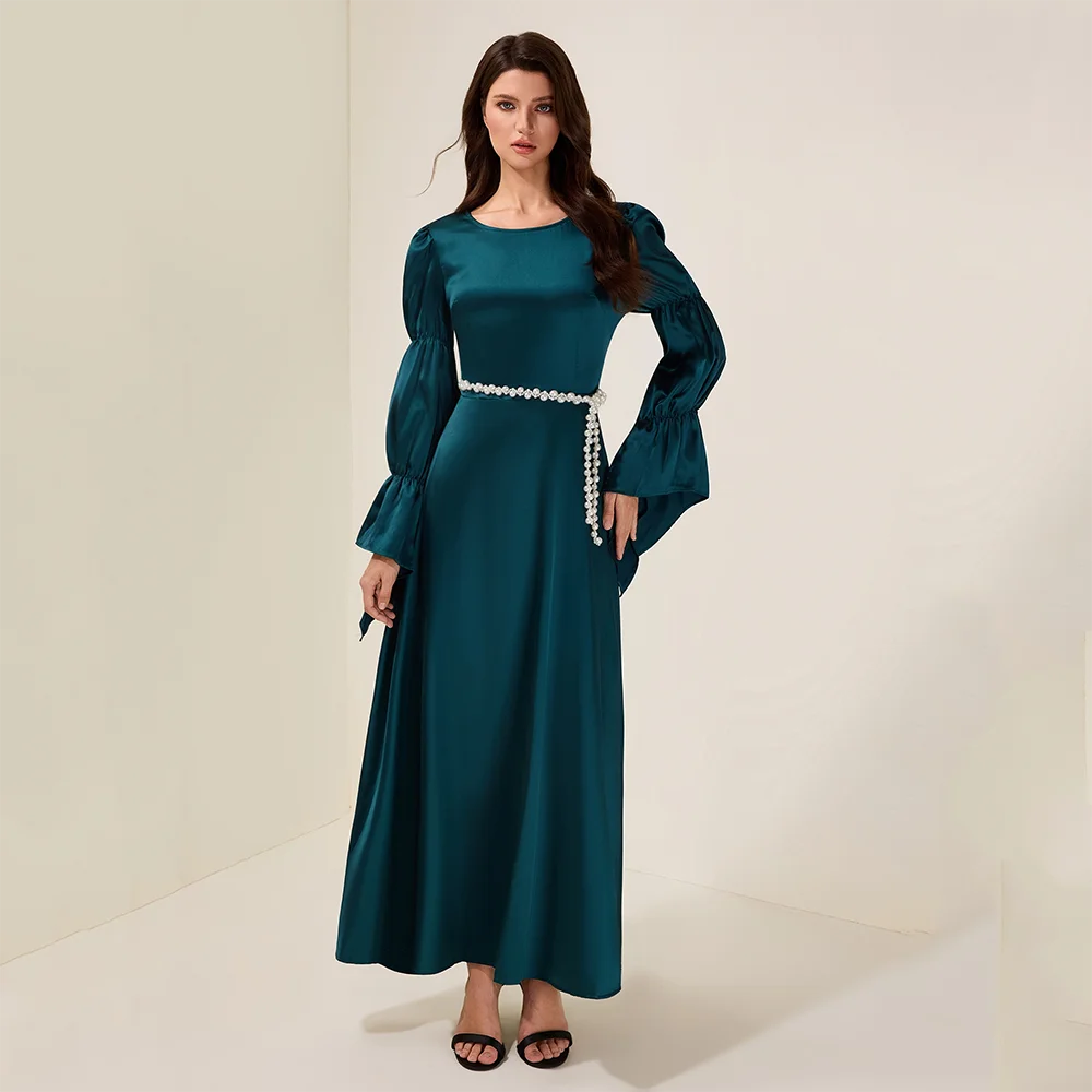 

Customized Long Sleeves Long Evening Dresses Elegant Formal Occasion Prom Gowns Pearls Sash 2025 Ankle Length Prom Dresses