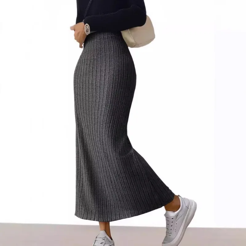 Solid Color Long Skirt Striped High Waist Knitted Maxi Skirt for Women Warm Slim Fit Ankle Length Sheath Skirt with Split Hem