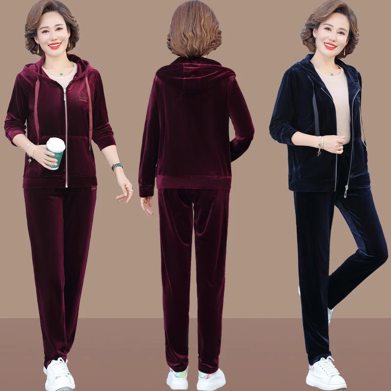 Women Gold Velvet Tracksuits Sets Casual Hooded Zipper Jacket And Pant 2 Piece Set Large Size Middle Aged Mother Fashion Outfit