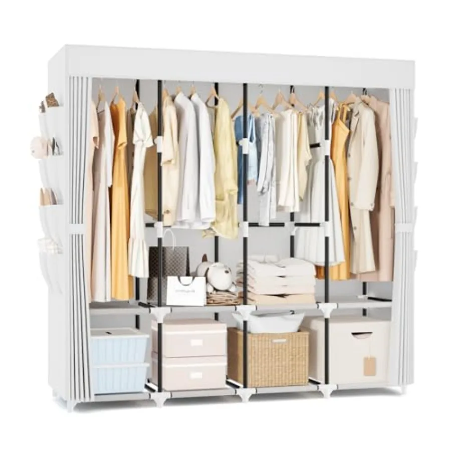 

Portable Closet for Hanging Clothes, 67 Inch Wide Portable Wardrobe Closet with Cover, 4 Hanging Rod, Storage Shelves and Side