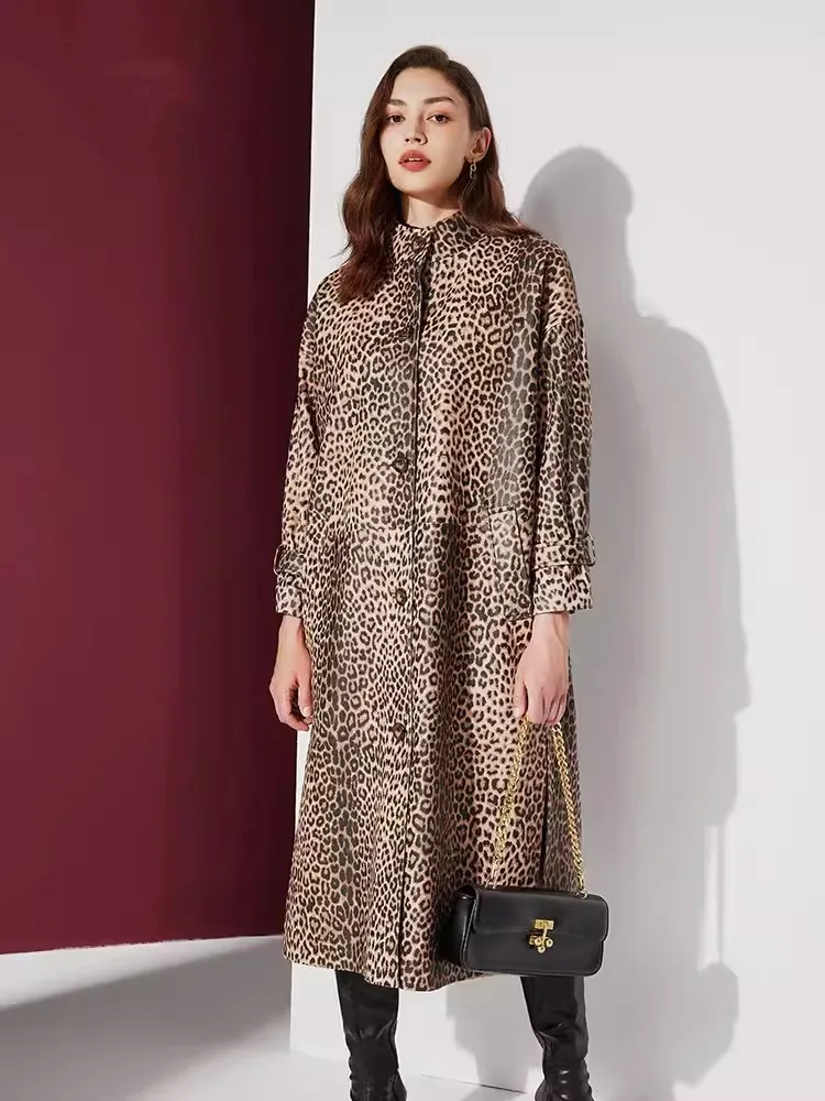 Office Ladies Single Breasted Fashion Cowhide Printed Trench Coat Stand Collar Leopard Print Women Genuine Leather Long Overcoat