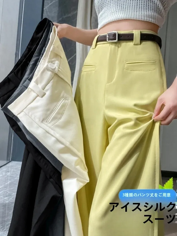 Yellow Ice Silk Cotton Linen Wide Leg Pants Women's Summer New Narrow Version Straight Leg Pants High End Drape Suit Casual P...