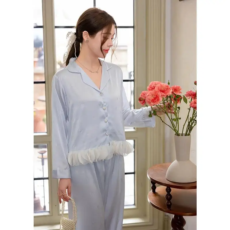 Women's Floral Long Sleeved Long Pants Pajama Set Women's Spring and Autumn Lace Round Neck Home Wear Student Soft Two-Piece Set