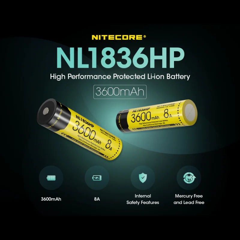 Nitecore NL1836HP High Performance 18650 3600mAh 3.6V 12.6Wh 8A Protected Li-ion Button Top Battery for Flashlight