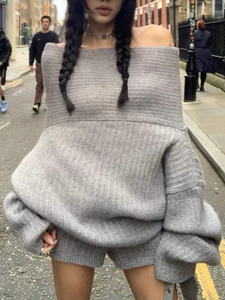 ZMEENNA Casual tweedelige grijze gebreide damesset met off-shoulder trui met lange mouwen en shorts met hoge taille ZM3673