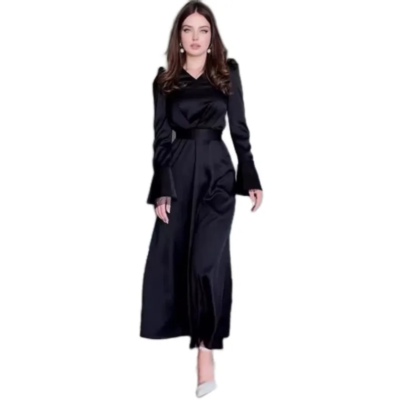 JY Autumn new V-neck solid color split long sleeved slim waistband dress, simple and elegant fashion temperament long skirt