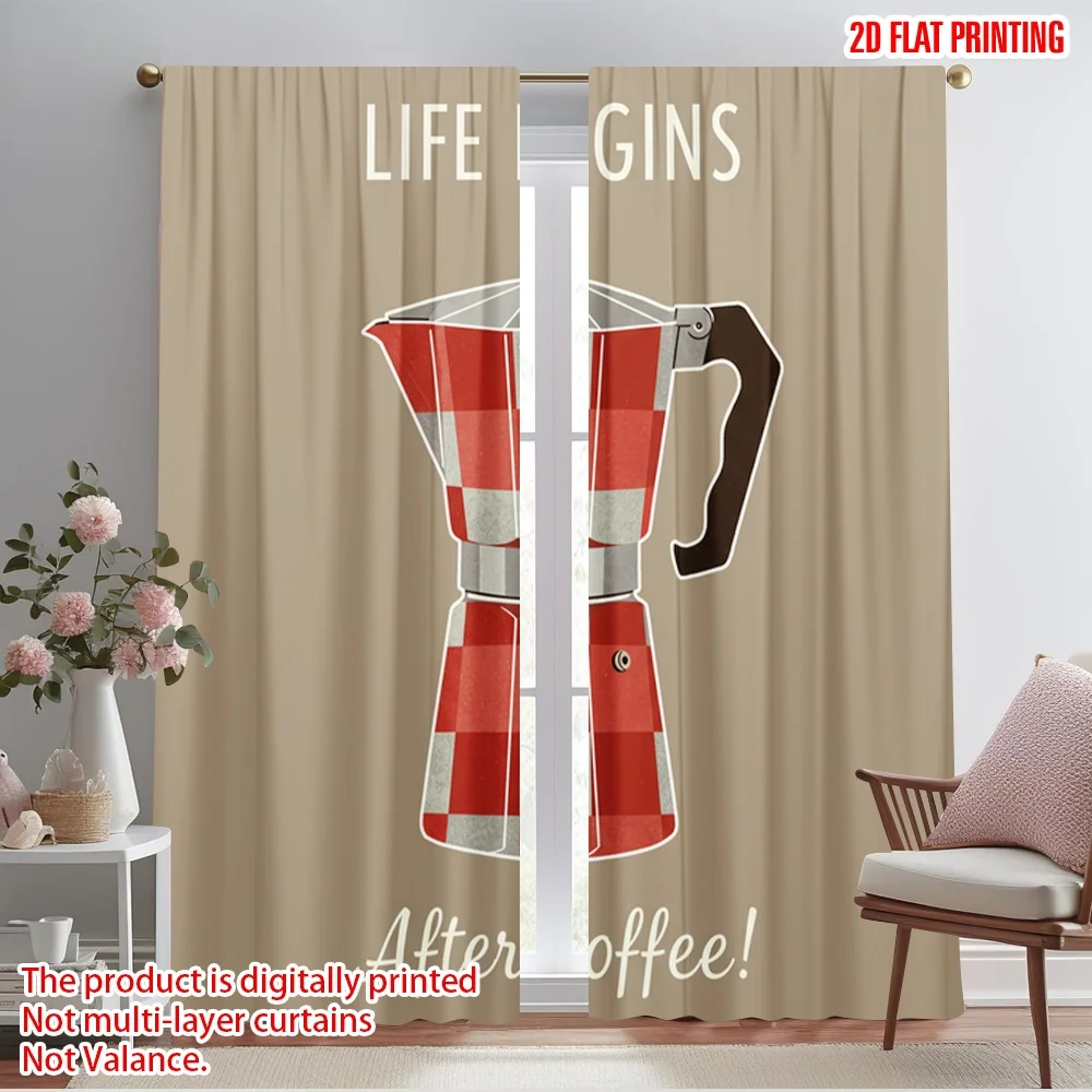 

2pcs 2D flat printing Curtain Vintage Coffee Pot Life Begins Polyester Without Electricity 0 Perfect for New Year and Carnival