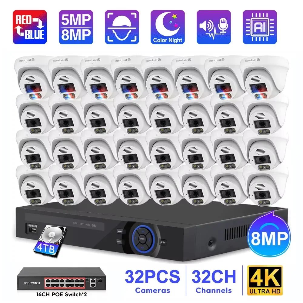 Techage 32CH NVR 4K POE Security Camera System 8MP 5MP AI Face Detection Two Way Audio CCTV Video Surveillance Set XMEYE Kits