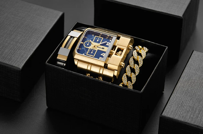 Luxury Men Watch Chronograph Gold Watches Cool Time Zone Stainless Steel Big Dial Male Golden Wristwatch Clock Relogio Masculino