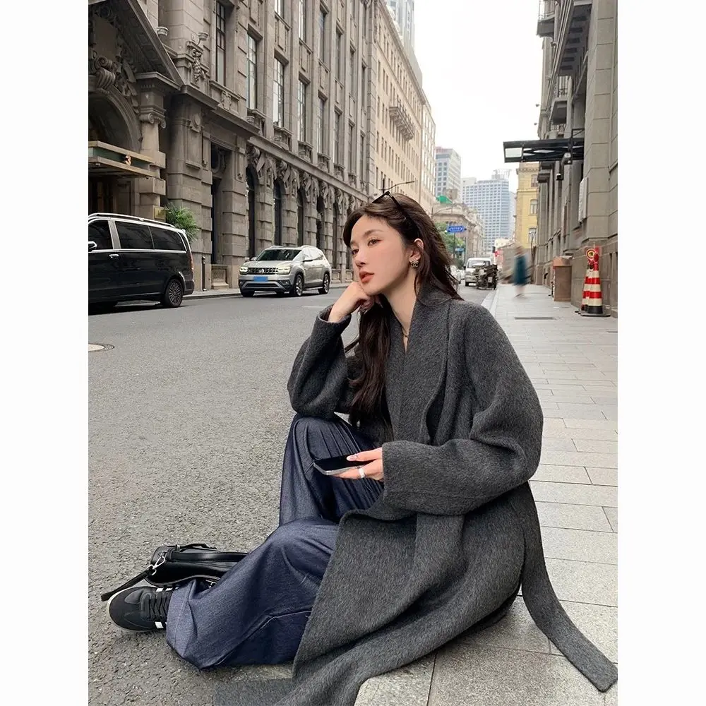 Big Collar Double-Sided Wool Coat For Women'S Autumn And Winter Fashion Temperament, Lace Up Woolen Thick Long Coat