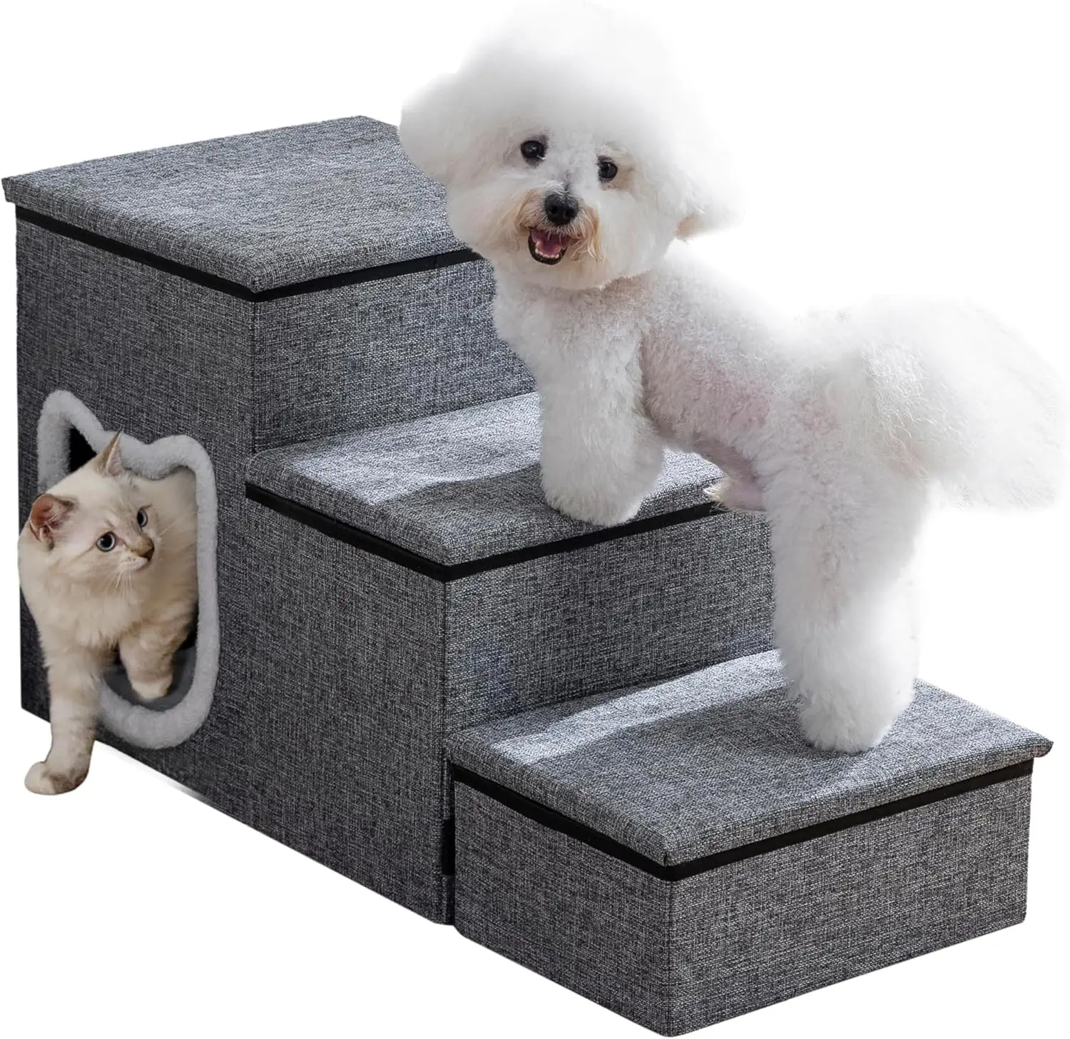 

3-Step Pet Stairs with Storage & Cozy Condo, Non-Slip for Small Dogs & Cats, Grey