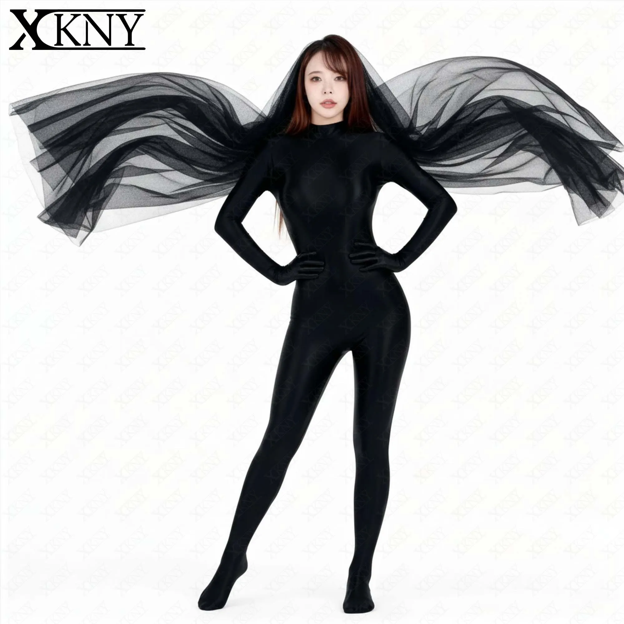 XClocKNYoung satin glossy bodysuit High Neck Long Sleeve Wearing gloves full body tights back Zipper Oil Silk leotard