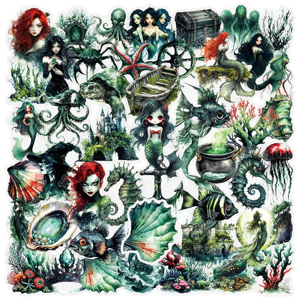 10/30/50pcs Retro Dark Mermaid Ocean Animal Stickers Gothic Transparent Decal DIY Scrapbook Luggage Guitar Cool Graffiti Sticker