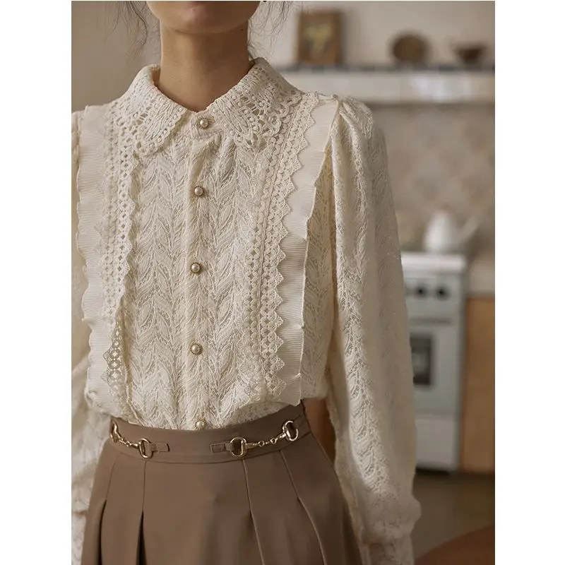 Women\'s Long Sleeved Shirt with Added Velvet and Thickened Lace, Autumn and Winter 2024 New Warm Top, Stylish Base Small Shirt