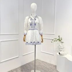 New Spring Summer Vintage Ramie Top Quality 2023 Puff Sleeve Navy Blue Embroidery Woman White Short Playsuit