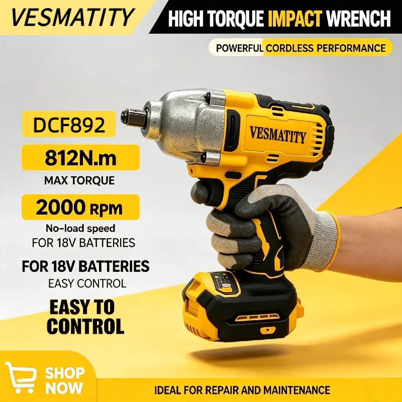 Vesmatity DCF892 Brushless 812N.m Electric Wrench 1/2Inch Cordless Impact Driver High Torque Three Speed Auto Repair Power Tools