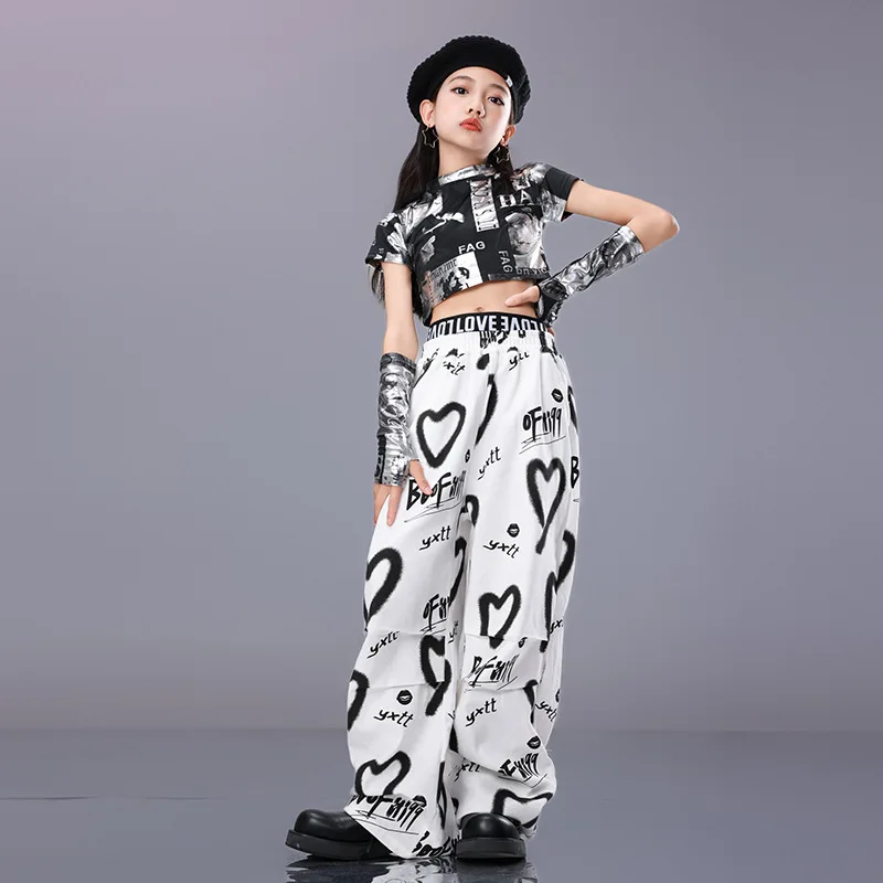 Hip Hop Kinder Cool Crop Top Street Dance Liebe Hosen Mädchen Streetwear Kinder Jazz Cheerleader Kostüme Teenager Bühne Kleidung Sets